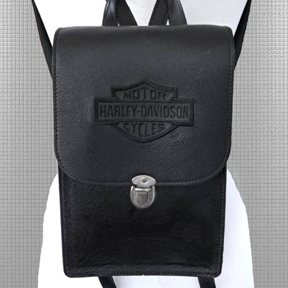 Vintage Harley-Davidson Cycles Black Leather Mini Backpack - Embroidered Logo - Picture 3 of 12